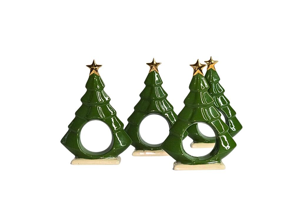4 Vintage Christmas Tree Ceramic Napkin Rings, Holiday Home and Table Decor